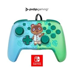 PDP Gaming Faceoff Deluxe+ Wired Switch Pro Controller - Animal Crossing - Tom Nook - Blue / Green - Officially Licensed By Nintendo - Customizable Buttons And Paddles - Ergonomic Controllers